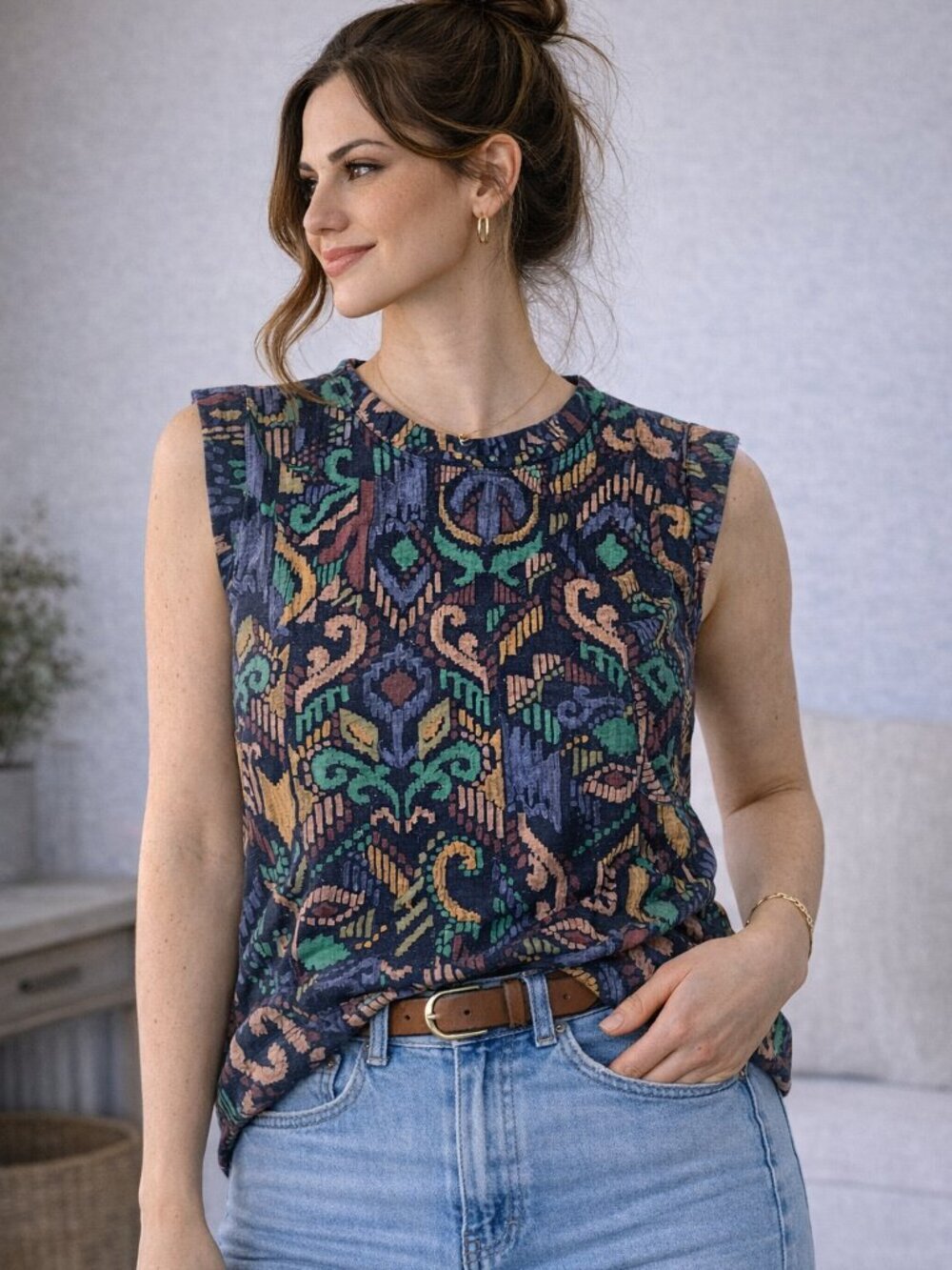 Vintage Patterned Sleeveless Blouse Reitmans Small Abstract Boho Top